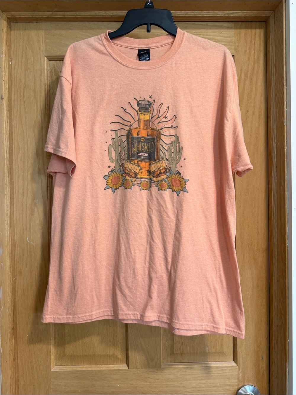 Hanes Peach Short-Sleeve Tee with Whiskey Bottle & Sunflower Graphic